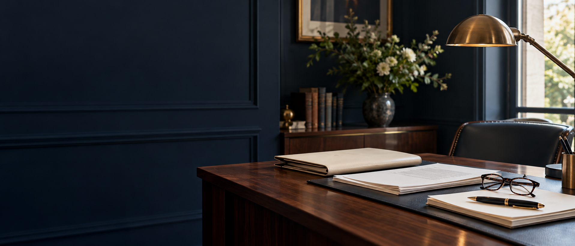 A solicitor's desk prepared for a confidential legal consultation